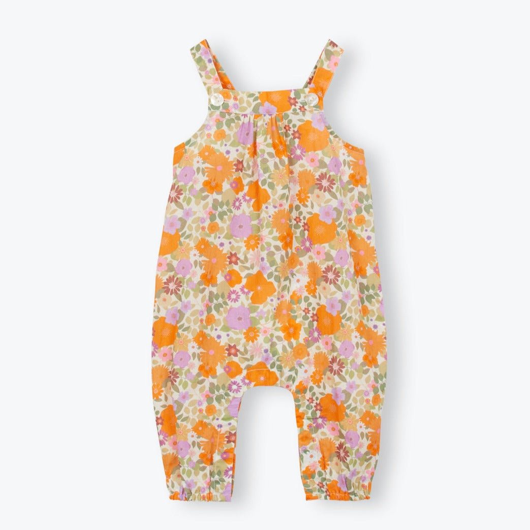 girl overall pants orange and purple flower with button straps