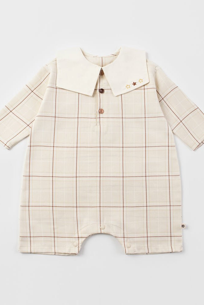 large plaids overall baby with white classic collar
